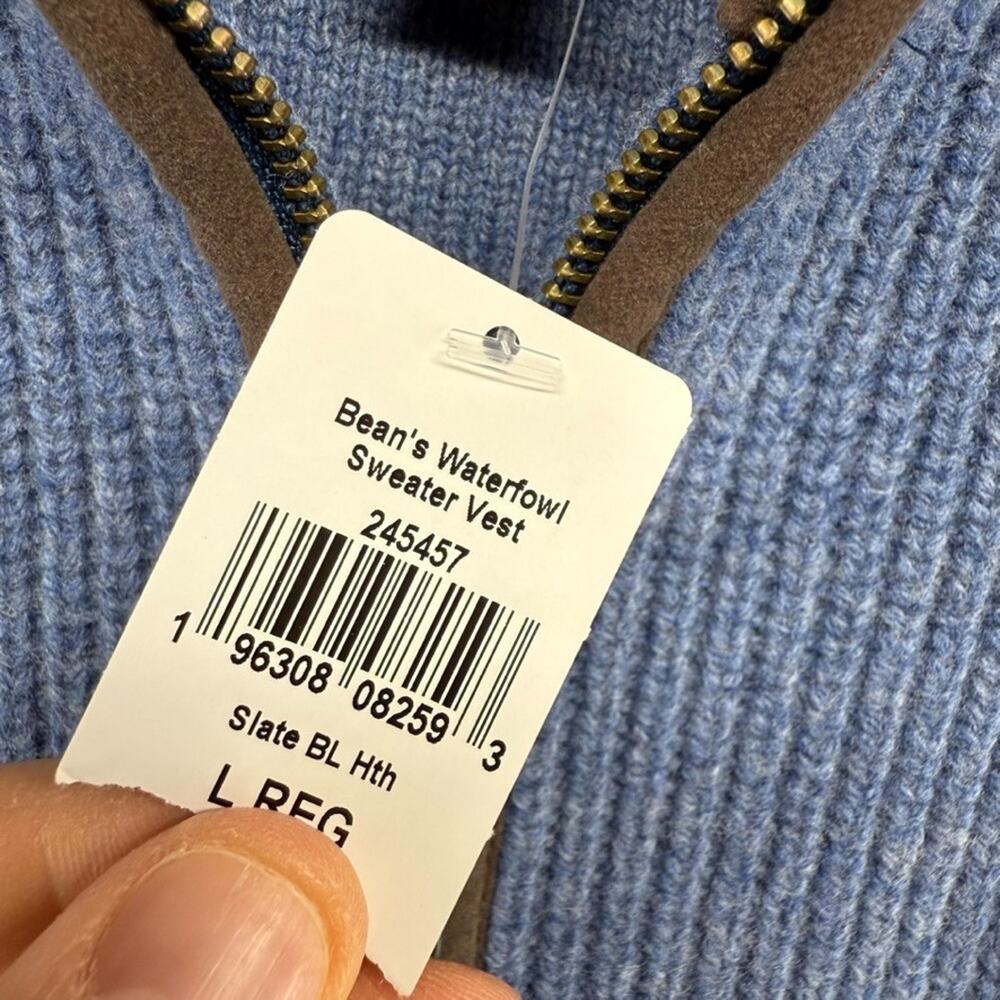 LL Bean Sweater Vest Men's Large Blue Waterfowl Merino Wool Full Zip Knit NEW - Picture 5 of 8